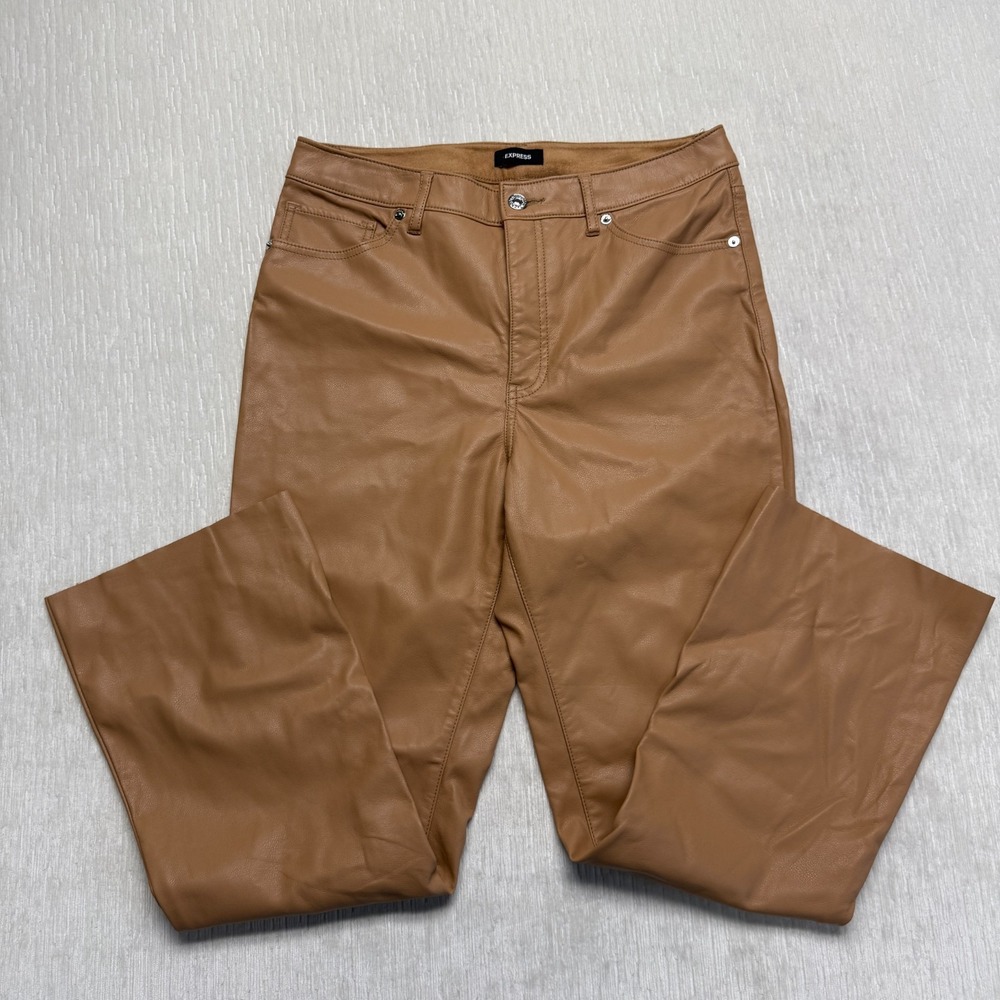 Express Faux Leather Cropped Flare Pants Womens 10 Brown High Rise Editor 893